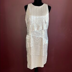 Alex Marie Women’s 14 Sleeveless Layered Silver Shimmer Asymmetrical Midi Dress